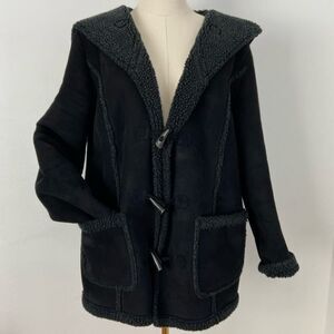 LL Bean Black Faux Suede Jacket Sherpa Lined Hooded Button Up Women’s Size MP